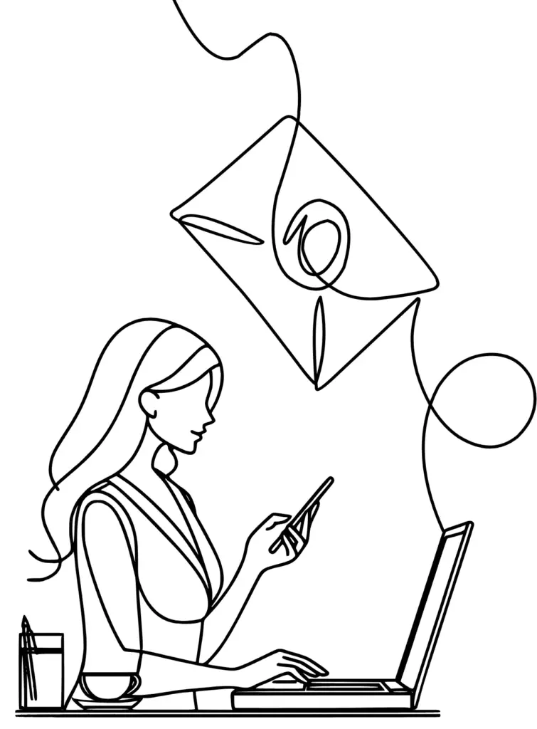 Dibujo en líneas de mujer en ordenador con sobre de email