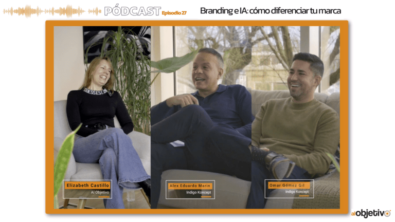 " hombres y una mujer hablando sobre branding e ia
