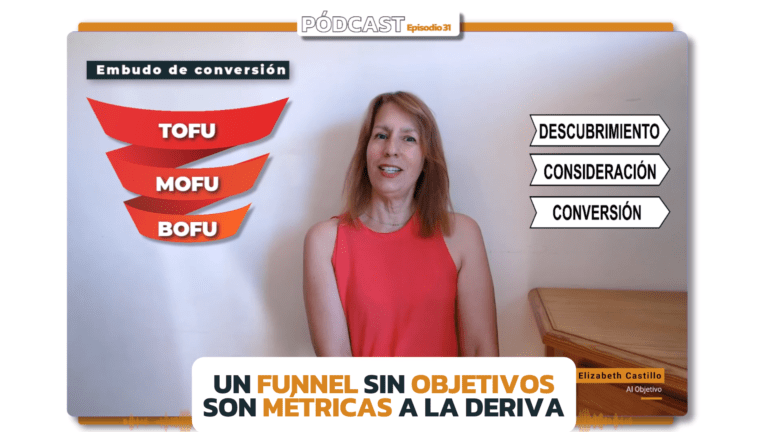Mujer vestida de rojo y sentada explicando el embudo de conversión con el dibujo de un funnel a su lado.